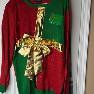 Allison Brittney Red, Green & Gold Gift Bow Crewneck Sweater